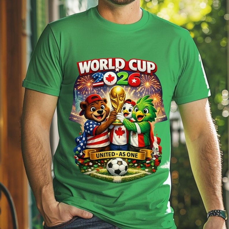 May include: Green t-shirt with a colorful graphic promoting the World Cup 2026. The design features cartoon mascots holding the World Cup trophy, a soccer ball, and the text "United as One."