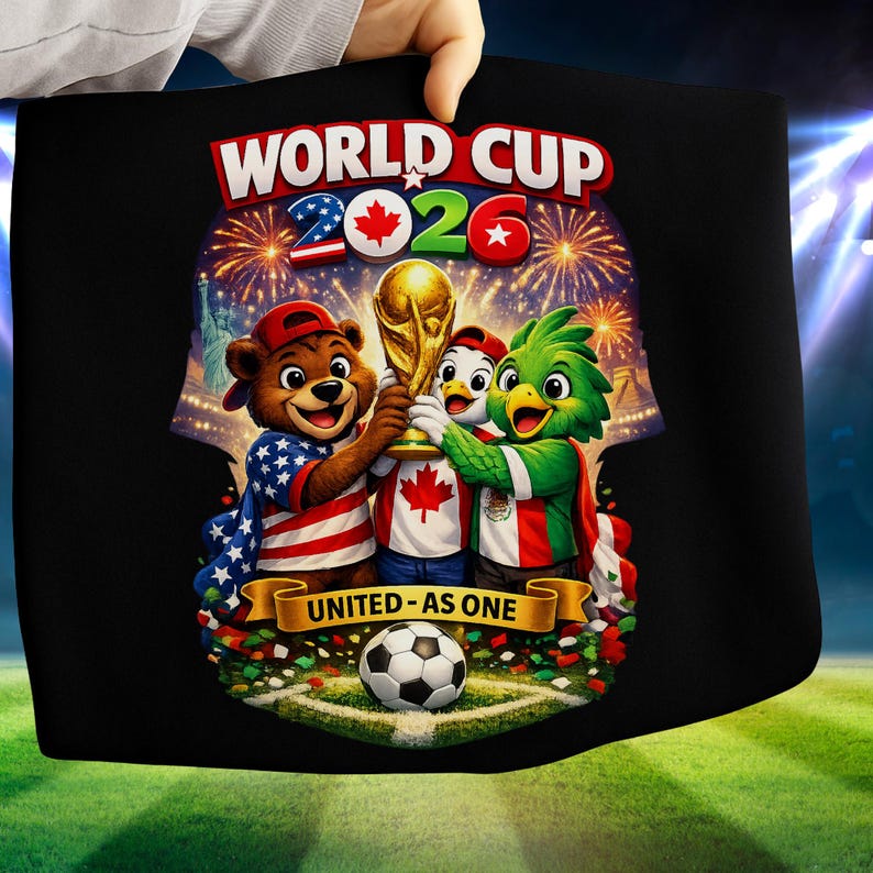May include: Black t-shirt featuring a colorful graphic for the 2026 World Cup. The design includes cartoon mascots representing the USA, Canada, and Mexico, holding the World Cup trophy. The text "WORLD CUP 2026" and "UNITED - AS ONE" are also displayed.