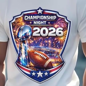 Football Big Game Championship Night 2026 PNG, DTF Transfer PNG, Trophy Football Fireworks Watch Party Design