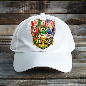 May include: A white baseball cap featuring a colorful graphic of a beaver, a parrot, and an eagle playing soccer. The design includes the flags of Canada, Mexico, and the United States, a gold trophy, and the text 2026 with national flag accents.