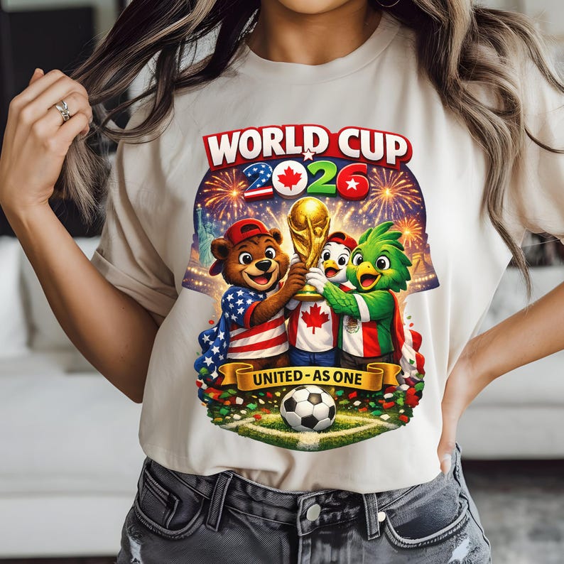May include: Beige t-shirt featuring a colorful graphic for the 2026 World Cup. The design includes cartoon mascots holding the trophy, fireworks, and the text "WORLD CUP 2026" and "UNITED - AS ONE". A soccer ball is at the bottom.