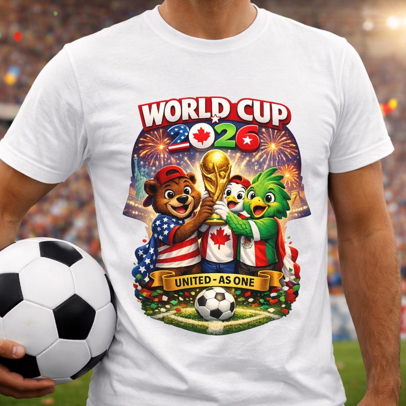 May include: White t-shirt featuring a colorful graphic for the 2026 World Cup. The design includes cartoon mascots holding the World Cup trophy, fireworks, and the text "WORLD CUP 2026" and "UNITED AS ONE". A soccer ball is also featured.