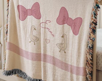 Personalized Coquette Goose Baby Blanket with Name, Custom Woven Nursery Throw, Baby Girl Gift, Cute Bow Baby Blanket, Newborn Name Blanket