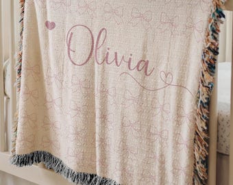Personalized Baby Girl Name Blanket, Pink Bow Woven Throw, Custom Coquette Nursery Blanket with Name, Baby Shower Gift, Girly Woven Blanket
