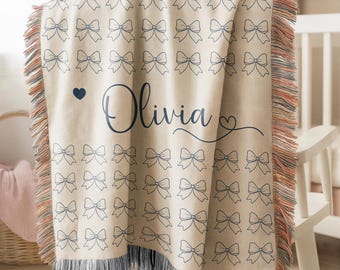 Personalized Baby Name Blanket, Bow Pattern Woven Throw, Custom Baby Girl Blanket with Name, Nursery Decor Woven Blanket, Baby Shower Gift