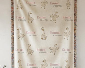 Personalized Goose Baby Blanket with Name, Custom Woven Nursery Throw, Baby Girl Gift, Newborn Name Blanket, Storybook Goose Baby Blanket