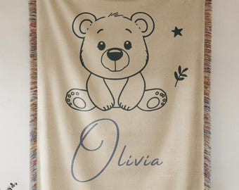 Personalized Baby Blanket, Custom Bear Baby Name Blanket, Woven Forest Animal Throw, Baby Shower Gift, Newborn Nursery Blanket