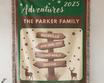 Personalized Adventure Blanket, Custom Family Travel Woven Throw With Destinations And Year, Rustic Cabin Adventure Blanket Gift