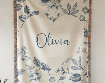 Personalized Baby Name Blanket, Toile Floral Woven Blanket, Custom Newborn Name Throw, Elegant Baby Shower Gift, Nursery Decor
