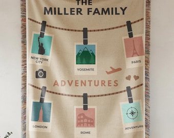 Personalized Travel Memory Blanket, Custom Family Adventure Woven Throw With Destination Photos, Vacation Keepsake Gift for Travelers