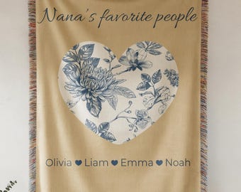 Nana’s Favorite People Blanket, Personalized Grandchildren Names Toile Heart Throw, Custom Woven Blanket for Grandma, Grandparent Gift
