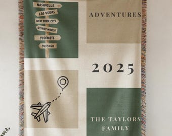 Personalized Family Adventures Blanket, Custom Travel Memory Woven Throw With Destinations & Year, Modern Grid Adventure Blanket Gift