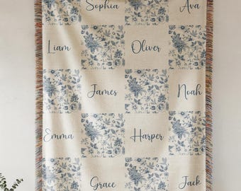 Personalized Grandkids Blanket, Custom Toile Woven Throw, Chinoiserie Floral Blanket, Gift for Grandma, Family Name Blanket, Custom Name