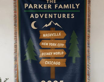 Personalized Adventure Family Blanket, Custom Travel Woven Throw With Destinations & Year, Rustic National Park Sign Blanket For Travelers