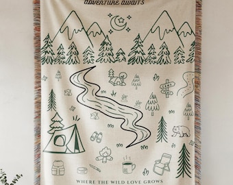 Adventure Awaits Woven Blanket, Personalized Camping Couple Gift, Custom Outdoor Blanket, Hiking Anniversary Gift, Nature Lover Home Decor