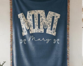 Manta personalizada para la abuela, regalo tejido a mano para la abuela, manta floral estilo chinoiserie, elegante manta de algodón para decoración del hogar, regalo para la abuela, nombre personalizado