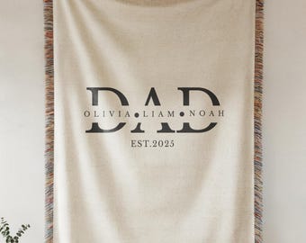 Personalized Dad Name Blanket, Custom Woven Throw with Kids Names, Minimal Father Gift from Children, Modern Family Keepsake, Father's Day