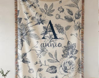Personalized Monogram Blanket For Her, Blue Chinoiserie Floral Throw, Custom Initial Woven Blanket, Elegant Coquette Home Decor Gift Idea