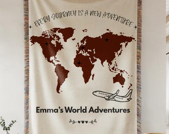 Personalized World Map Travel Blanket, Custom Woven Throw with Name, Adventure Journey Gift, Travel Lover Decor, Wanderlust Family Keepsake