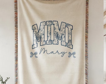 Manta personalizada para la abuela, manta tejida a mano con estampado Toile, manta floral estilo chinoiserie, decoración elegante para el hogar, regalo acogedor de algodón para la abuela.