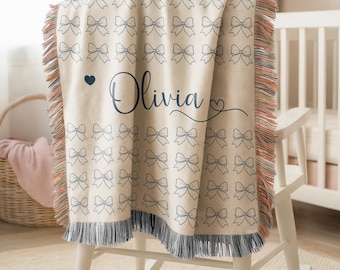 Manta personalizada con nombre de bebé, manta tejida con estampado de lazo, manta personalizada para niña con nombre, manta tejida para decoración de guardería, regalo para baby shower