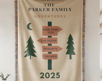 Manta tejida de aventura personalizada, manta de viaje familiar personalizada con año, manta con letrero de camping estilo parque nacional, regalo para amantes de la naturaleza