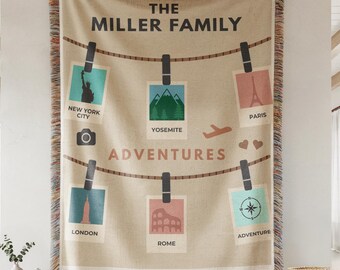 Manta de viaje personalizada, manta tejida de aventura familiar personalizada con fotos de destino, regalo de recuerdo de vacaciones para viajeros.