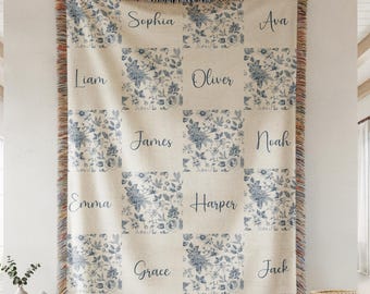 Manta personalizada para nietos, manta tejida a mano personalizada, manta floral estilo chinoiserie, regalo para la abuela, manta con nombre de la familia, nombre personalizado