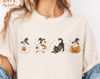 Personalized Halloween Comfort Colors Shirt, Pick Any 4 Characters, Funny Halloween Characters Tee, Custom Spooky Friends Gift