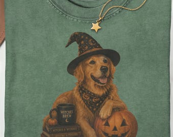Vintage Halloween Dog Shirt, Witch Dog Graphic Tee, Pumpkin Dog Lover Shirt, Spooky Fall Gift, Cozy Halloween Tee