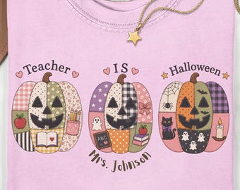 Personalized Faux Patchwork Pumpkin Teacher Shirt, Custom Teacher Name Tee, Cute Halloween Teacher Gift, Fall Teacher Shirt
