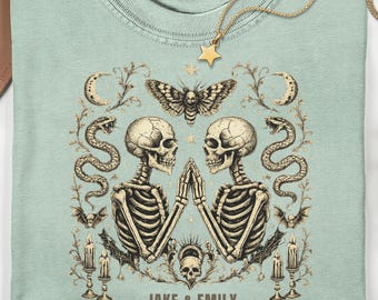 Personalized Vintage Gothic Skeleton Shirt, Custom Couple Comfort Colors Tee, Dark Academia Skull Gift
