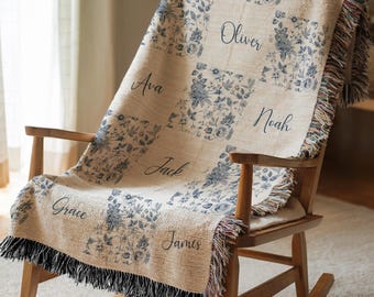Manta para abuelos con nombres de nietos, manta tejida a mano personalizada, manta chinoiserie personalizada, elegante regalo para abuelos.