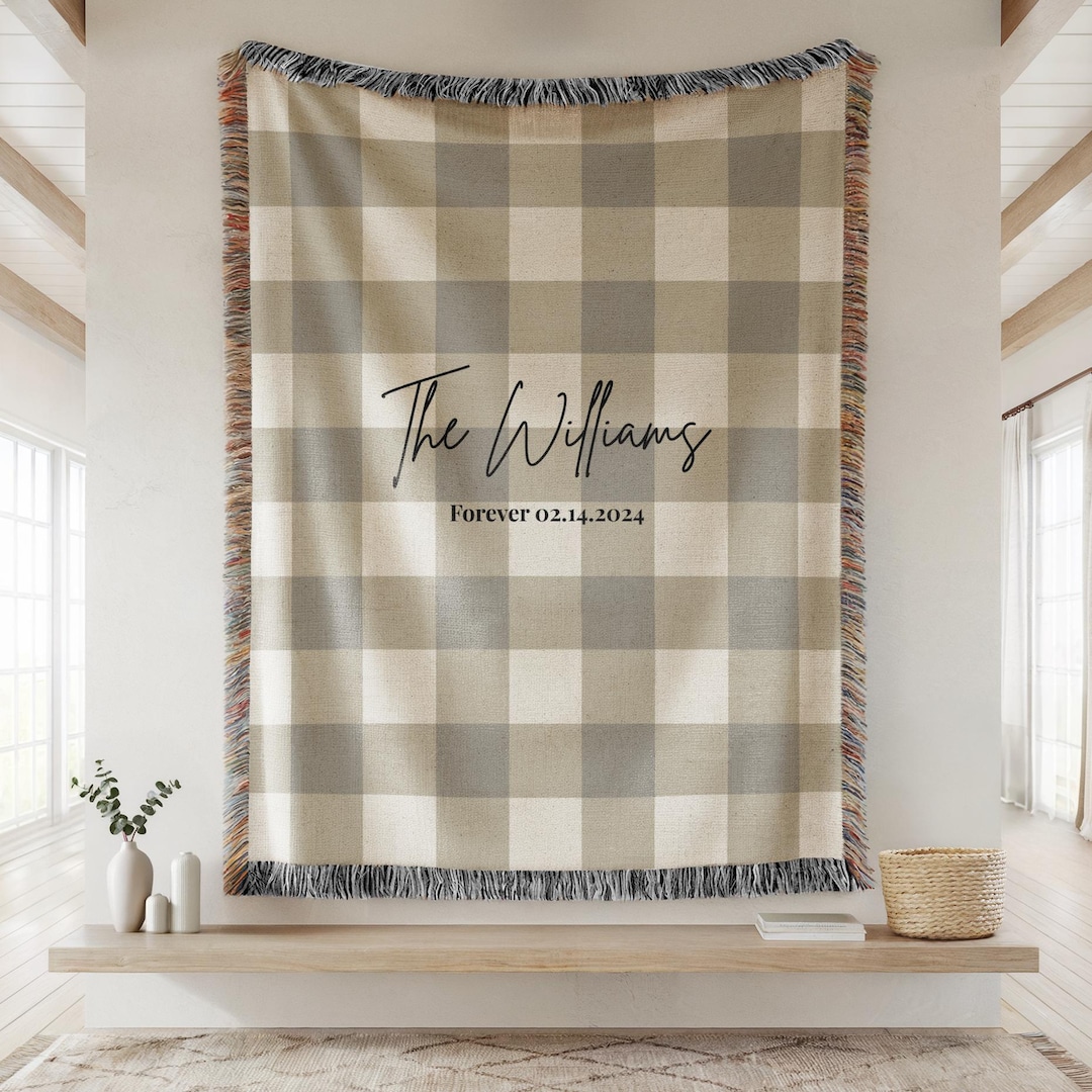 Personalized Woven Throw Blanket, Modern Plaid Anniversary Gift, Custom ...