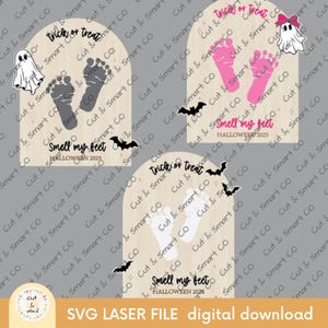 Halloween Baby Footprint Sign SVG Trick or Treat Smell My Feet Personalized Wooden Baby Keepsake Baby First Halloween Décor Laser Cut File