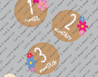 SVG de hitos de bebé con flores de margarita, archivo de corte láser de disco de madera mensual, accesorio de fotografía para recién nacidos, marcador de hitos floral para Glowforge Cricut.