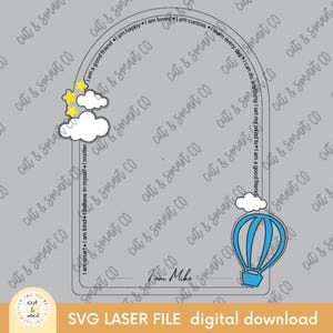 Bevestigingsspiegel voor kinderen met heteluchtballon en wolken SVG, zelfliefde muurkunst, boho kinderkamer decor, motiverende Cricut-bestand voor laser