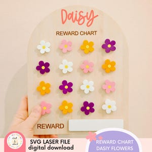 Può includere: Tabella di ricompensa in legno con il nome "Daisy" in corsivo rosa. Presenta gettoni a forma di fiore colorati in bianco, rosa, giallo e viola. Sono visibili anche le scritte "REWARD CHART" e "REWARD".