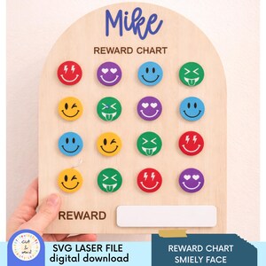 Puede incluir: Tabla de recompensas de madera con el nombre "Mike" en escritura azul. Presenta imanes de caras sonrientes de colores con diversas expresiones. También se ve el texto "REWARD CHART" y "REWARD". Hay un espacio en blanco en la parte inferior.