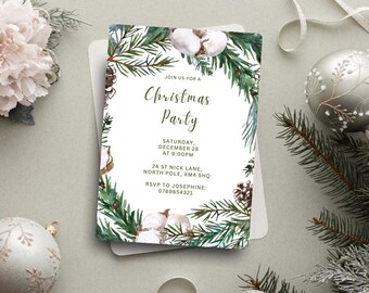 Könnte beinhalten: Eine Weihnachtsparty-Einladung mit Aquarelldesign. Die Einladung zeigt grüne Kiefernzweige, Baumwolle und Tannenzapfen, die den Text "Christmas Party" umrahmen. Details sind Datum, Uhrzeit und RSVP-Informationen.