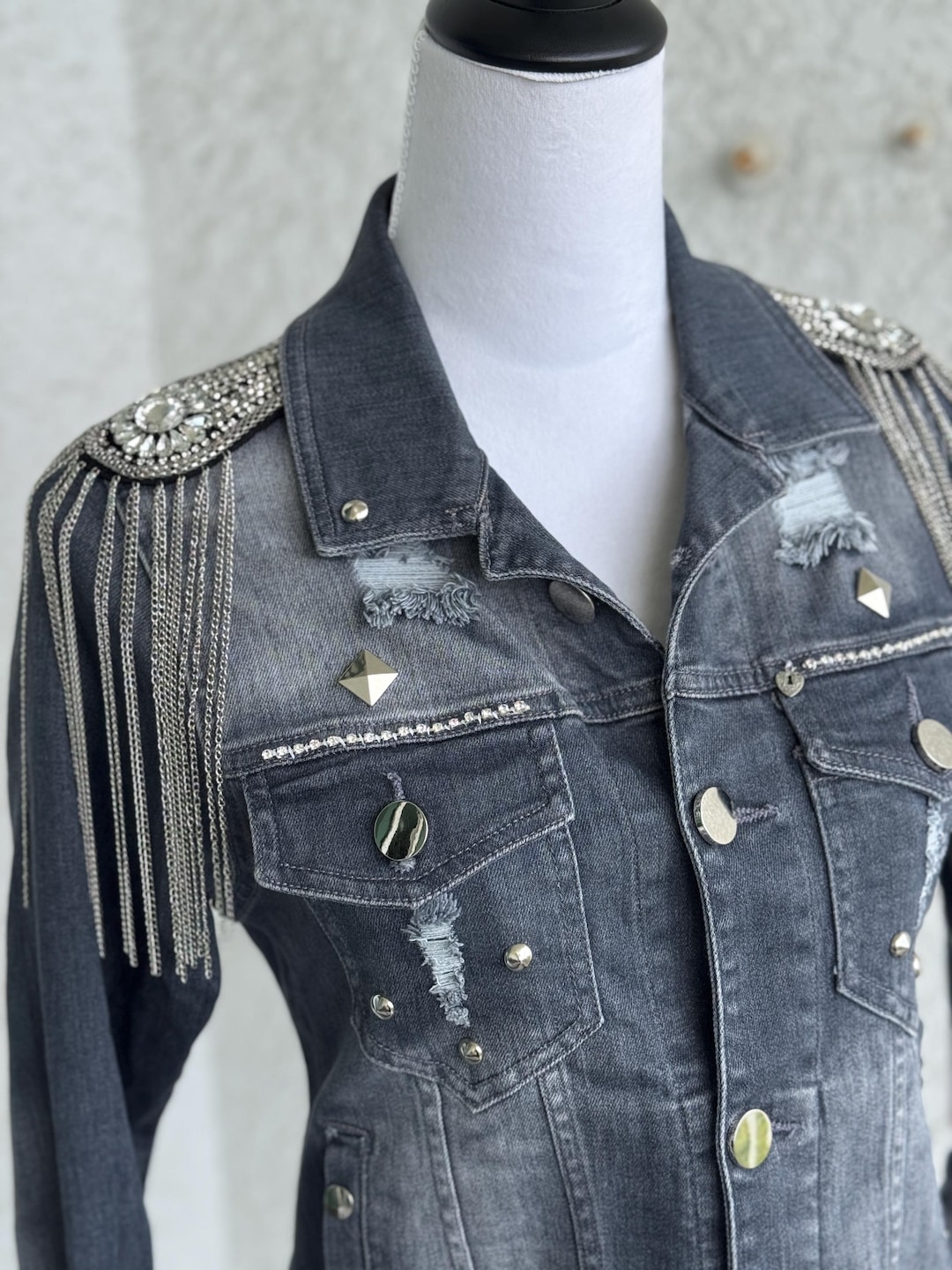 Upcycled Denim Jacket for Women, Rhinestone Details, Military Style ...