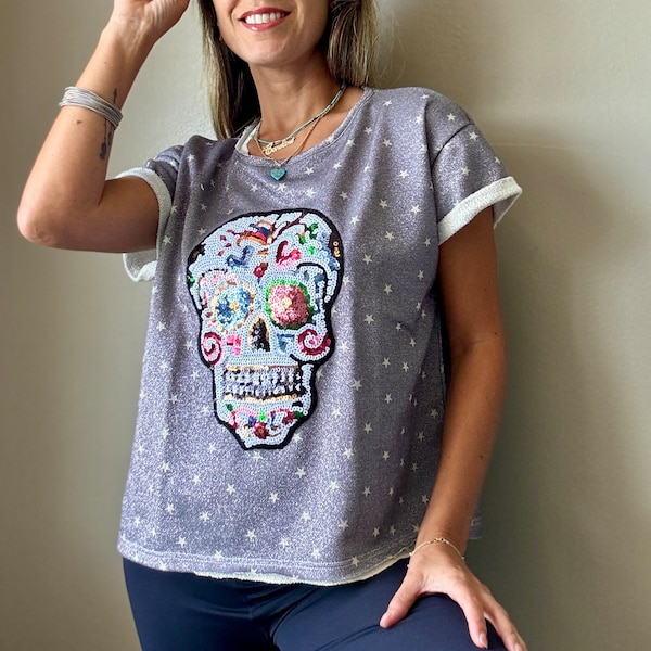 Skull Shirt, Skull Sweatshirt, Short Sleeves Fleece Shirt, Women Fleece Shirt, Patchwork, Handmade Sweatshirt, Summer Shirt