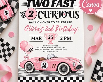 Roze raceauto-verjaardagskaart, uitnodiging voor een tweede verjaardag, Two Fast Two Curious, raceauto-verjaardag voor een meisje, uitnodiging voor een raceauto-feestje, roze racethema, Canva-sjabloon