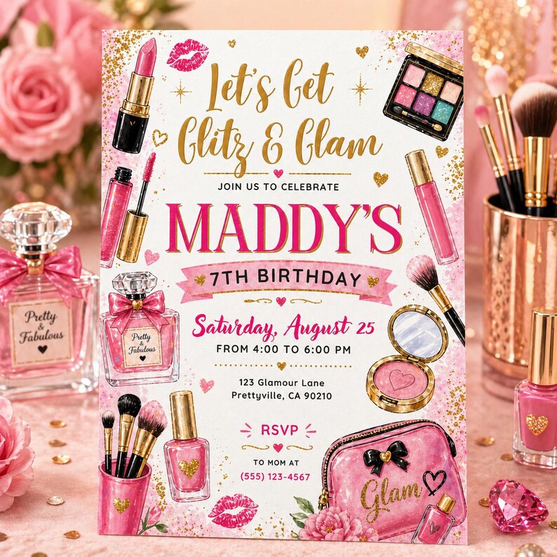 May include: A pink and gold invitation card for a 7th birthday party, featuring the text "Let's Get Glitz & Glam". The design includes illustrations of makeup items such as lipstick, nail polish, and perfume, with the name "Maddy's" displayed.