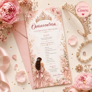 May include: A Quinceañera celebration program card featuring a gold crown illustration, floral accents, and a graphic of a person in a gown. The text includes Quinceañera Celebration Program, Welcome, Order of Celebration, and Thank You.