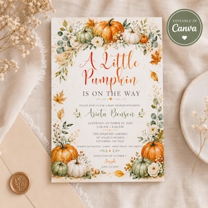 A Little Pumpkin Is On The Way Baby Shower Invitation Template, Editable Canva Fall Baby Shower Invite, Rustic Autumn Pumpkin Printable