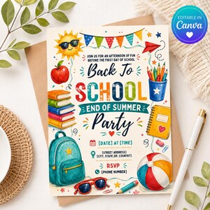 Peut inclure: Une carte d'invitation Back To School End of Summer Party avec des illustrations colorées d'un soleil avec lunettes, une pomme rouge, des livres, un sac à dos bleu sarcelle, des lunettes rouges, un pot à crayons, un carnet et un ballon.