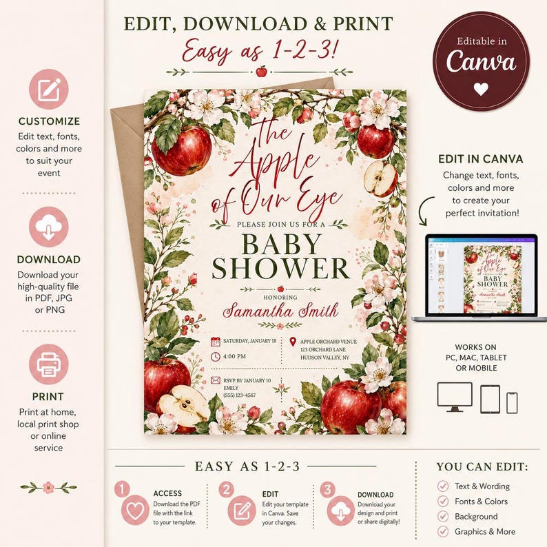 Puede incluir: Una plantilla de invitaci&oacute;n digital para baby shower con un tema de huerto de manzanas en acuarela, manzanas rojas, flores blancas y hojas verdes. El texto dice The Apple of Our Eye, Baby Shower, en honor a Samantha Smith, con detalles.