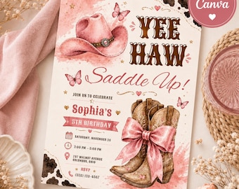 Yee Haw Saddle Up verjaardagskaart sjabloon, bewerkbare Canva cowgirl verjaardagskaart, western meisje verjaardagsfeest, roze cowboylaarzen