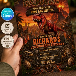 May include: A dinosaur-themed birthday party invitation with a roaring T-Rex illustration. The invitation includes the text "ROAR! Welcome to the Dino Adventure!" and details for Richard's 6th birthday, including date, time, and location.